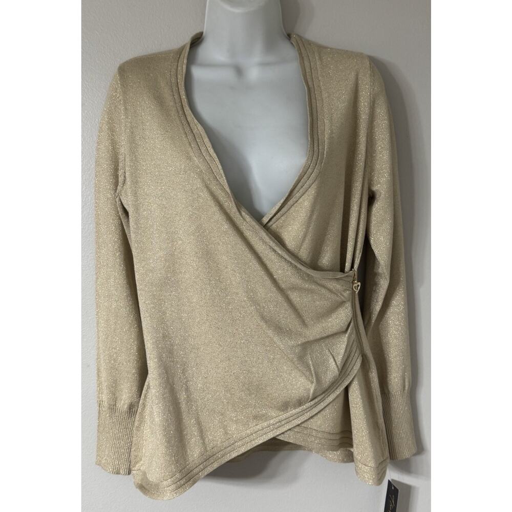 Thalia Sodi Sweater Gold Metallic Knit Asymmetric Zip Wrap Women’s Medium NEW